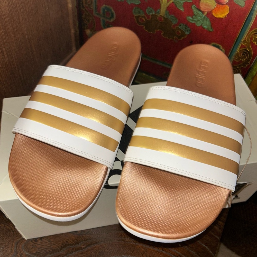adidas White and Gold Slide Sandals